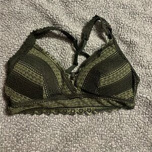 Dark and light olive green bralette with lace details and racer cross back
